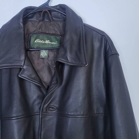 VTG Eddie Bauer Mens Leather Coat Jacket Brown Sz XLT Quilted Long Button Front - Picture 3 of 8